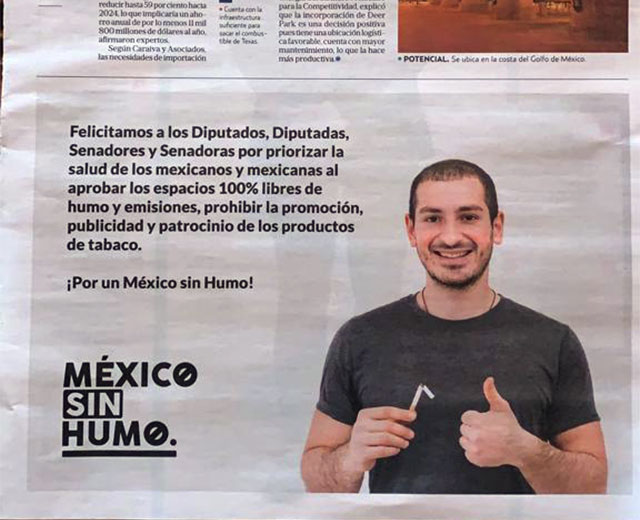 Newspaper ad applauds senators and deputies for passing 100% smoke-free zones and comprehensive TAPS bans under the General Tobacco Control Law amendment.